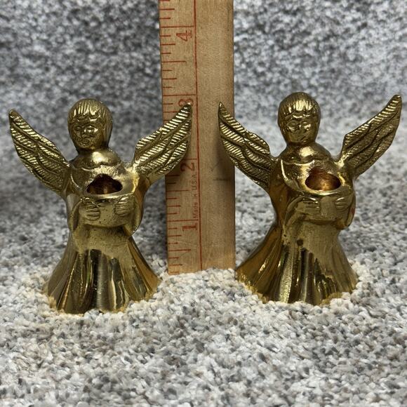 Vintage MCM Set of 2 Brass Angel Candle Holders India Christmas Decoration 3" - Picture 8 of 9